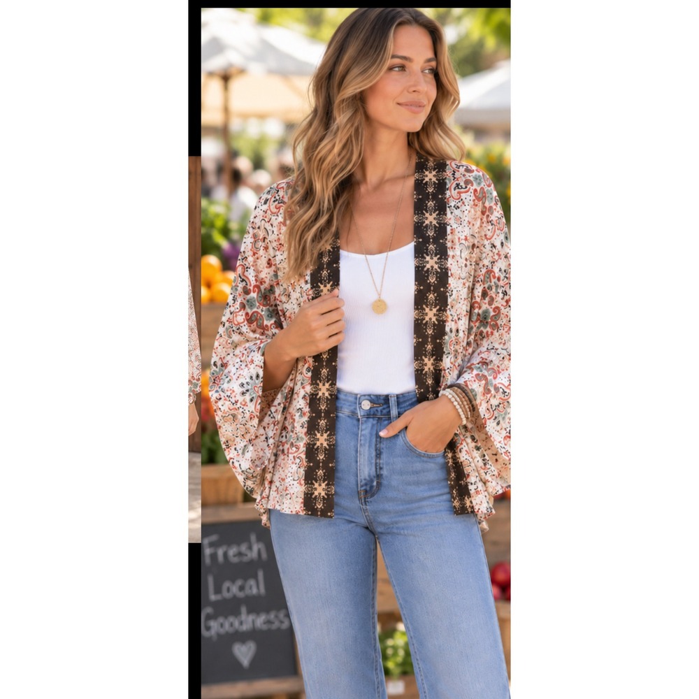 Michael Stars Paisley Kimono Wrap Open Front Boho Viscose Cardigan Multi Color